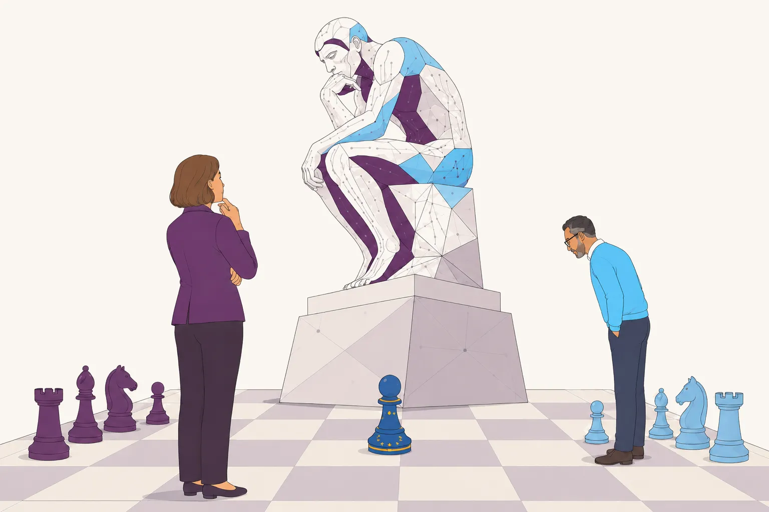 Le Penseur de Rodin en version IA, facetté et parcouru de circuits, trône au centre d’un échiquier géant. De part et d’autre, deux camps de pièces s’affrontent, violettes contre bleues. Au pied du socle, un pion bleu aux étoiles dorées de l’Union européenne, isolé et minuscule. Une dirigeante reste absorbée par la statue. Un dirigeant, penché, étudie le jeu au sol.