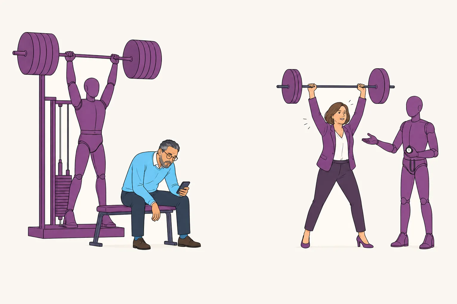 Dans une salle de sport, à gauche, un mannequin articulé violet soulève une barre chargée sans effort ; devant lui, un dirigeant en pull bleu, tassé sur un banc, regarde son téléphone. À droite, le même mannequin violet tient un chronomètre et tend la main pour guider, pendant qu’une dirigeante en veste violette soulève elle-même sa barre, visiblement à l’effort.