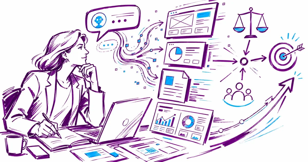 Illustration : une dirigeante à son bureau face à des documents, graphiques et flèches convergeant vers une cible.