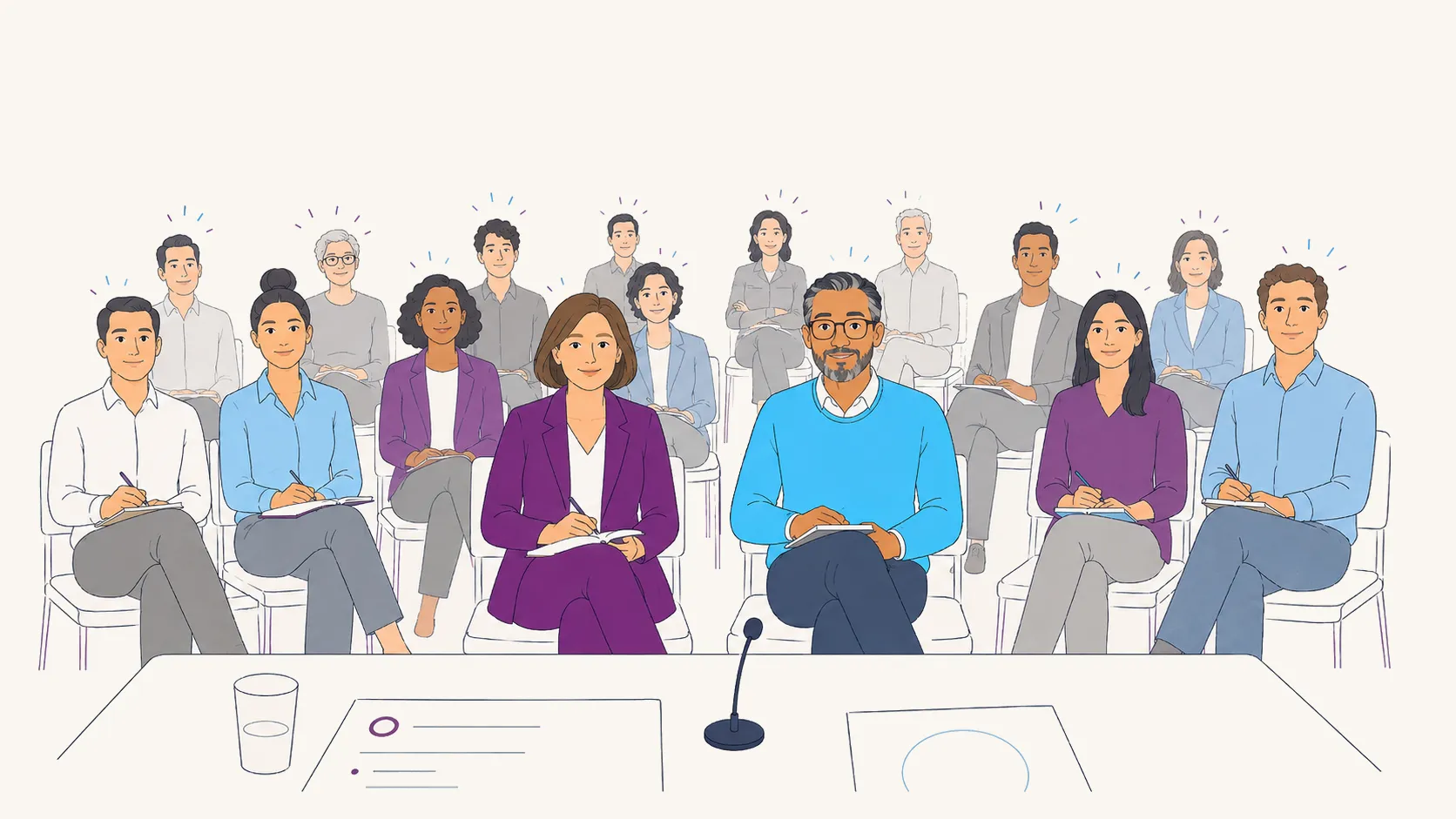 Un public attentif lors d’une conférence ; au premier rang, deux dirigeants suivent l’orateur, l’attention gagne peu à peu toute la salle.