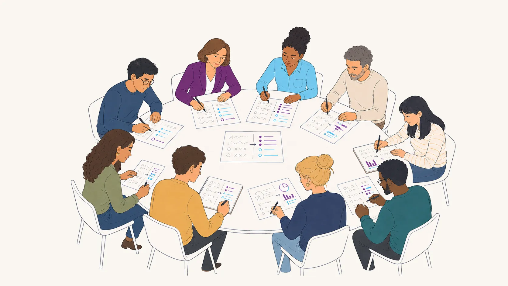 Une équipe en atelier autour d’une table, chacun s’exerçant sur son propre travail jusqu’à ce que les usages deviennent clairs.
