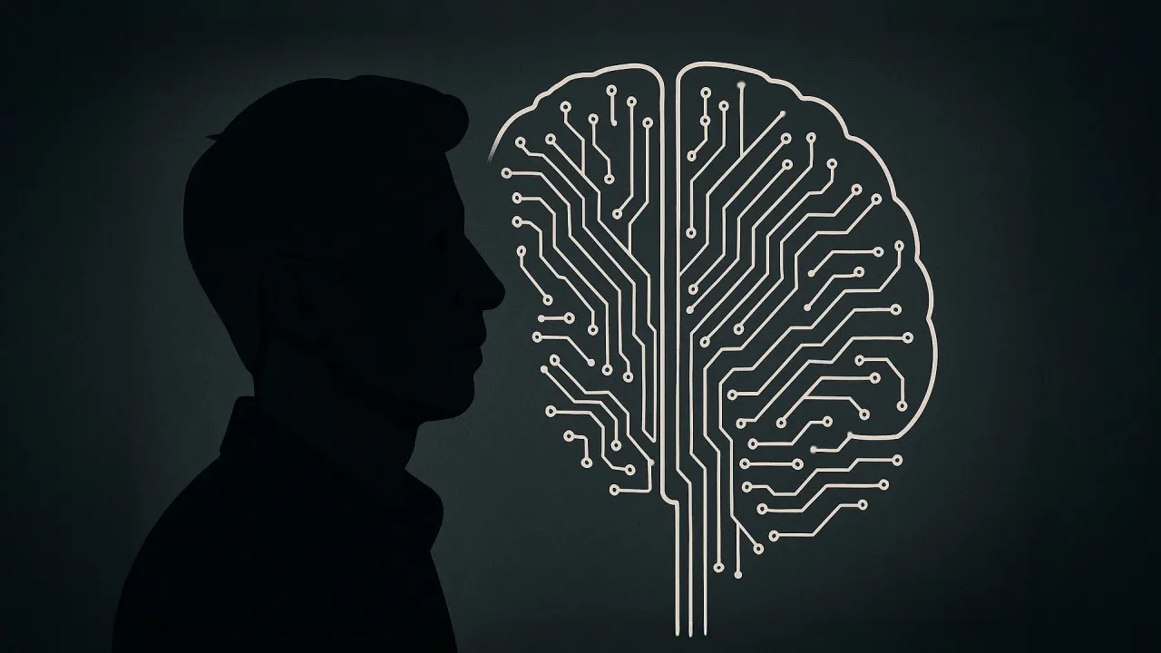 Silhouette d’un homme de profil face à un cerveau dessiné en circuit imprimé, sur fond sombre.
